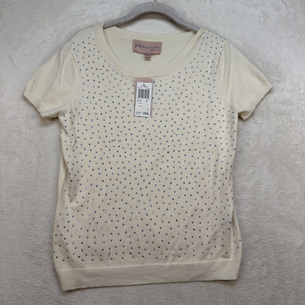 Philosophy Embellished Sweater Ivory‎ Beaded Rhinestone Short Sleeve Top Small